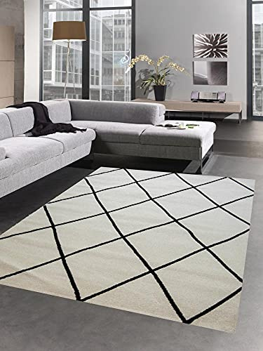 CARPETIA Skandinavischer Teppich Wohnzimmer Rautenmuster Schwarz Creme pflegeleicht Größe 120x170 cm
