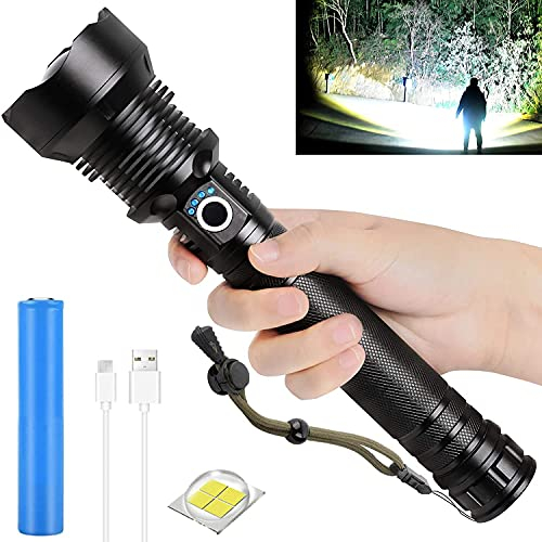 MUGUOY Lampe de Poche LED XHP70 Puissante 90000 Lumens, USB Rechargeable Militaire Tactique Lampe Torche de Poche Étanche avec Batterie, 3 Modes avec Indicateur de Puissance (Batterie 26650, XHp70)