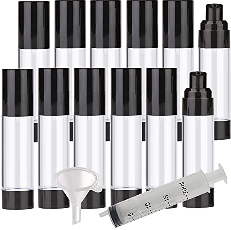 TIANZD 12 Piezas 50 ml Botella Airless Envase Cosmético en AS, Botellas de Bomba sin Aire, Vacías Botella de Plástico Negro Transparent con Airless Dispensador, para Cosmética Loción, Gel de Ducha