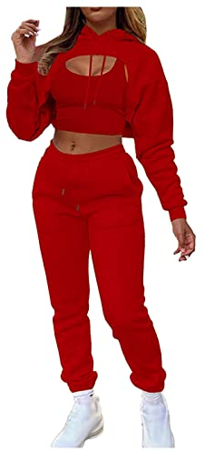 WENZHOU-DE2112271400 Damen 3-teiliges nahtloses Outfit, Workout-Sets, Fitnessstudio, Laufen, Yoga, Sportbekleidung, Trainingsanzug, Leggings und Stretch-Sport-BH, Jumpsuit, Rot, S