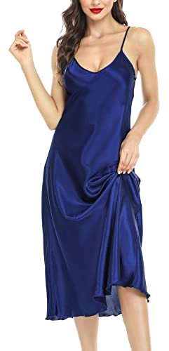 Lovasy Nuisette Femme Satin Chemise de Nuit Kimono Peignoir Nuisett Longue Fond Robe Femmes Vêtements Pyjama Chic,Bleu foncé L
