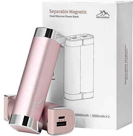 Handwärmer Wiederaufladbar, Awroutdoor Upgrade 10000mAh 2 in 1 Teilt Magnetisch Elektrischer Handwärmer 3 Heizstufen USB Handwärmer Ideales Wintergeschenk für Mann Damen Kinder (Rosa)