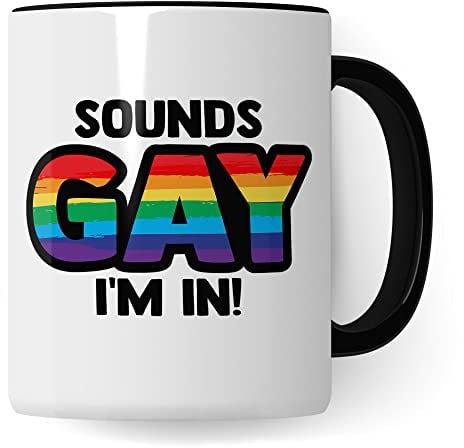 Pagma Druck Tasse, Sounds gay - I'm in!, Gay Pride Geschenk Spruch lustig Motiv Geschenkidee Kaffeetasse outing LGBT queer schwul lesbisch Spruch (Weiß/Schwarz, Keramik, Runde, Tasse, 330 ml)
