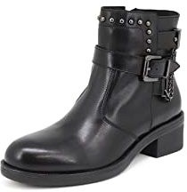 QUEEN HELENA Stivaletti di Pelle con Tacco Zip Laterale Stivali Bassi Borchiati con Fibbia Donna S270 (Nero, numeric_39)