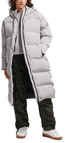 Superdry Damen Lang Geschnittener Steppmantel mit Kapuze Mattgrau 40