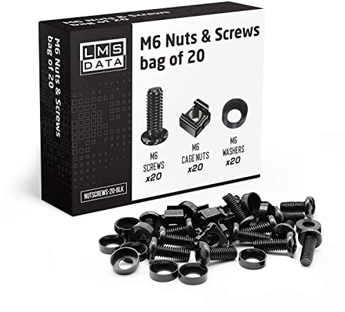 LMS Data M6 Cage Nuts Screws and Washers Set -Assortment Nuts and Bolts Kit for Rack Mount Data Cabinets, Server Shelves Fixing and Installation (Black, 20)