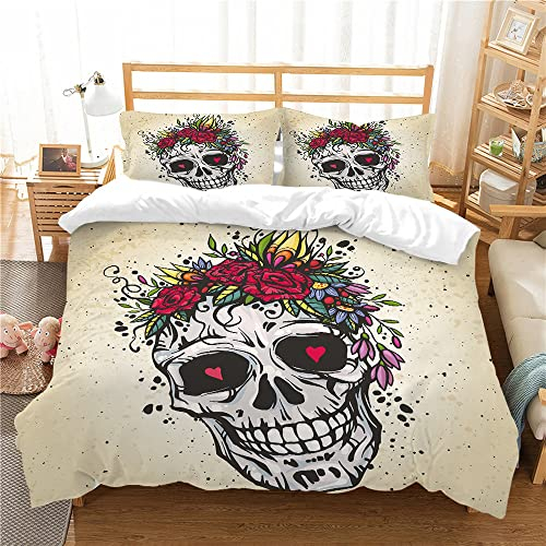 Adulte Rose Crâne Ensemble de literie,crâne de feu,têtes de Mort,Noir Blanc tête de Mort Housse de Couette avec 2 taies d'oreiller 50x75cm(C, 135 x 200 cm)