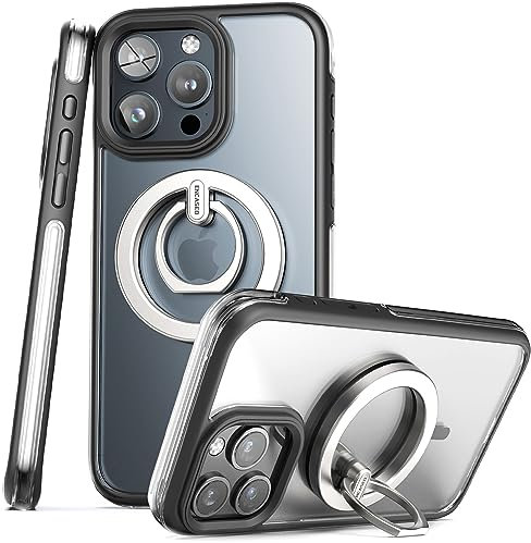 Encased MAG-AIR Designed for iPhone 15 Pro Max Case with Finger Ring Grip/Kickstand Phone Stand - Perimeter AirGuard Technology, Black/Clear (Compatible with MagSafe)