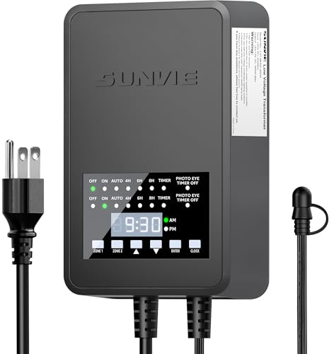SUNVIE 300W Low Voltage Landscape Transformer with 2 Independent Control Output Landscape Lighting Transformer with Timer and Photocell Sensor 120V AC to 12/14V AC Weatherproof Low Voltage Transformer