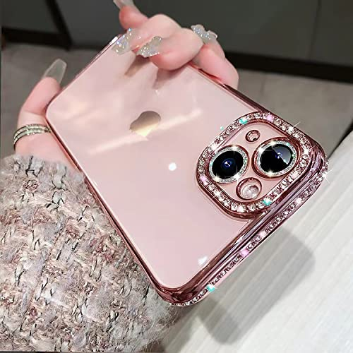 Tybiky iPhone 15 Hülle, Silikon Bling Rhinestone Kratzfest Schutzhülle für Mädchen, Durchsichtig stoßfest Bumper Handyhülle für iPhone 15, Roségold