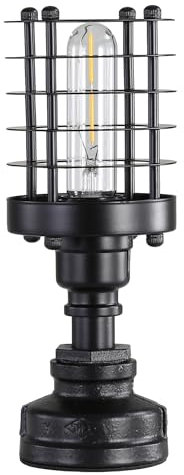 Kaj Hejmo Vintage Table Lamp with Lampshade Ring, Industrial Water Pipe Edison Desk Lamp, Steampunk Light E27 Bedside Table Lights Bedroom Living Office Home Decor (Upright Style, Cylinder-Black)
