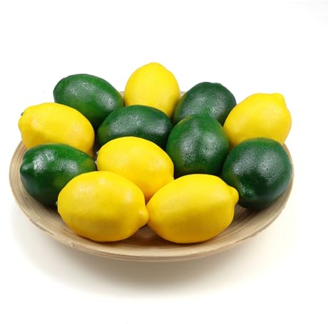 Ikosora 12 Stück Künstliche Zitronen, Künstliche Gelbe Zitronen Für Dekorationsarbeiten, Realistische Künstliche Limetten, Gemischtes Set, Dekoration, Obstschale, Lebensechte Künstliche Früchte
