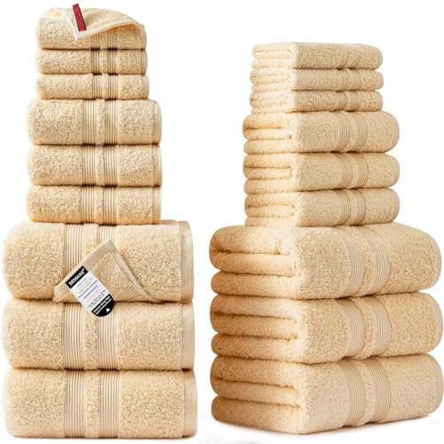 SEMAXE 18 Stück 100% Baumwolle Plüsch Badetücher Set, 6 Badetücher, 6 Handtücher und 6 Waschlappen, 600 g/m² gekämmte Baumwolle Handtücher für Badezimmer, Hotel, Fitnessstudio und Spa, Elfenbein