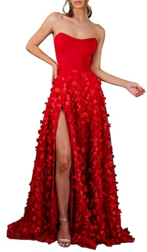 Skang Kleid Hochzeitsgast Damen Abendkleid Damen 3D-Besticktes Röhrenoberteil, Netzstoff, sexy, elegant, Tüll, Blumenmuster, hinten, Bindesaum, Schlitz, Abschlussball, Rückenfreies Kleid Damen