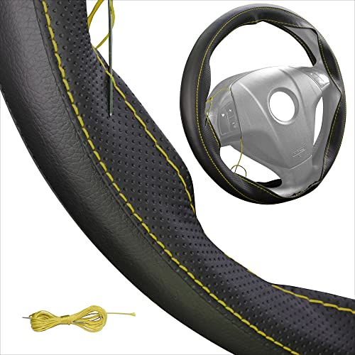 Lenkradbezug Pu Leder, Auto Lenkradhülle zum schnüren Nähen mit Nadel und Faden Spezial Sport Design M3 Schwarz Gelbes Naht Universalgrösse 37-38 cm