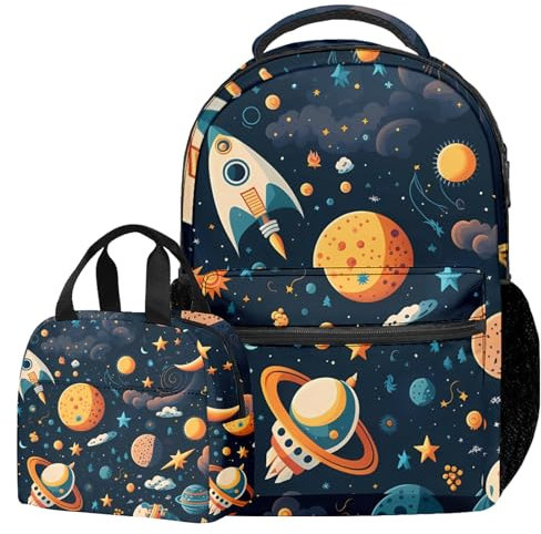 Space Rocket Rucksack Planeten Schultaschen mit Lunchtasche, 2 Stück/Set, Schwarz