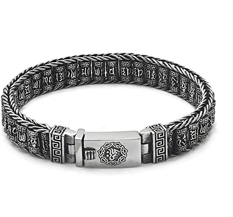 VOYADE Herren 925 Silber Sechs Zeichen Mantra Armband, Vintage Thai Silber Buddhistisches Handgewebtes Sechs Zeichen Mandala Armband,Silber,22cm