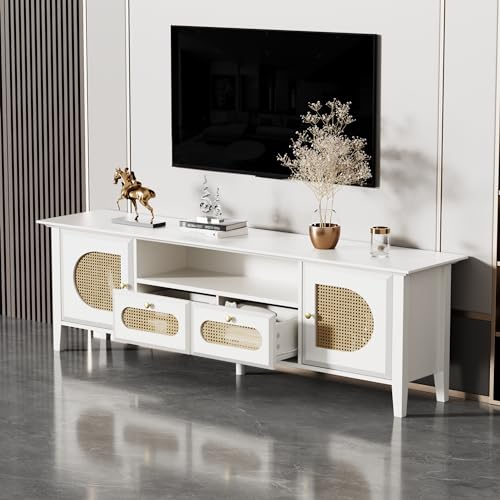 Azkoeesy Rattan Sideboard, TV-Schrank 160 cm, Fernsehtisch Kommode mit 2 Rattantüren und Schubladen, Fernsehschrank, TV-Lowboard, Weiß