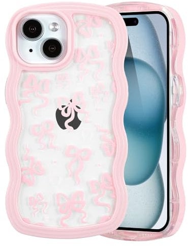 QLTYPRI for iPhone 15 Case, Cute Bowknot Pattern Aesthetic Design Clear Phone Case for Girls Women, Curly Wave Frame Slim Soft Transparent Shockproof Protective Phone Cover - Pink