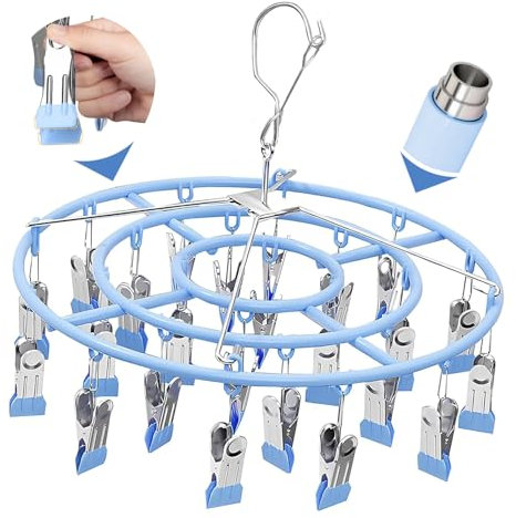 Compact Sock and Underwear Dryer Hanger - Ultimate Space-Saving Clothes Maiden With Strong Metal Clips for All Drying Solutions (Blue 24 Clips)