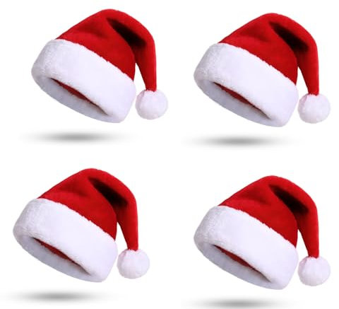 KONVINIT Weihnachtsmützen Erwachsene,Rote Plüsch Nikolausmützen Weihnachtsmann Mützen Dicker Fellrand Santa Claus Mützen,Rot 4 Stück