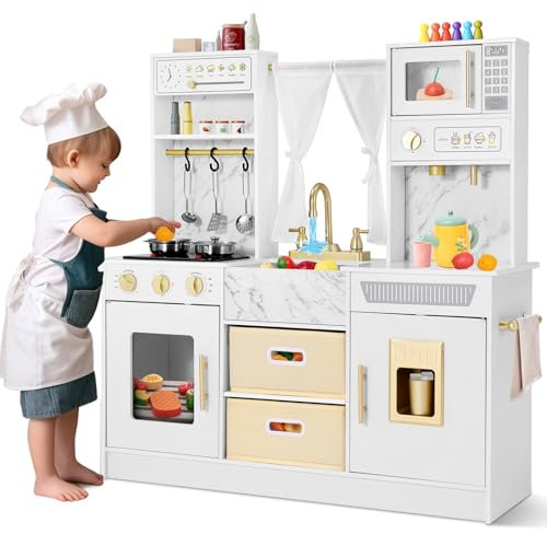 Kids Wooden Kitchen Age 3+, Large Pretend Role Play Kitchen Toys with Realistic Oven, Microwave, Water Dispenser and Sink with Taps, Kitchen Playset with Sound and Light for Kids