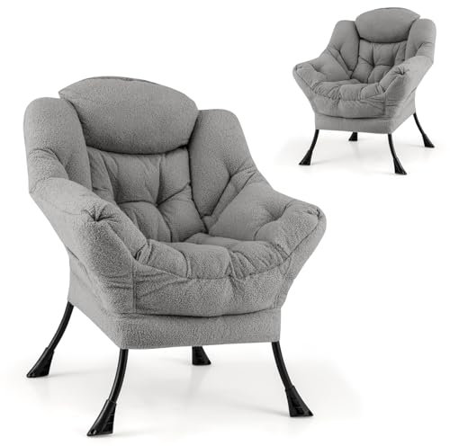HOMASIS Relaxsessel gepolstert, Ohrensessel mit Armlehnen & Kopfkissen, Lesesessel mit Seitentasche, Fernsehsessel aus Stoff & Metall für Wohnzimmer Schlafzimmer (Modell 1 ohne Hocker, Grau)