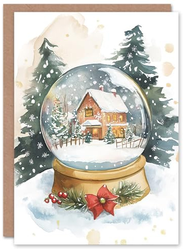 Artery8 Cozy Winter Cabin Snow Globe Blank For Him Or Her Art Xmas Festive Christmas Card