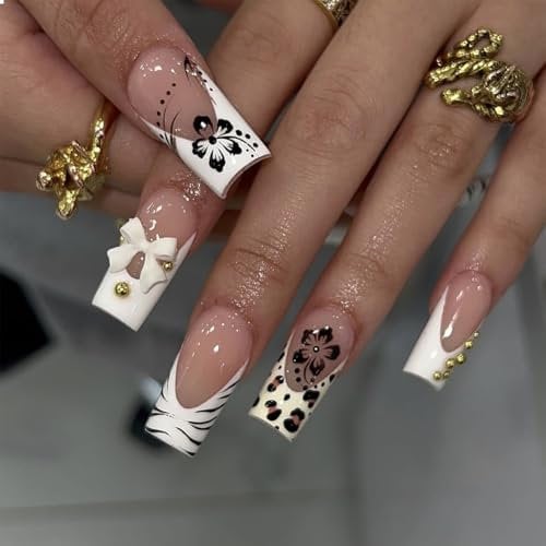 GlamRays 24 Stück Weiß French Fake Nails Press on Nails - Herbst Winter Kunst-Tip Voll-Abdeckung Akryl Falsche Nägel Kleb-Set mit Schleifen-Charms Design