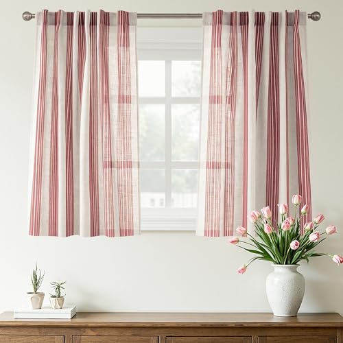 DriftAway Farmhouse Vorhänge für Wohnzimmer, vertikal gestreift, halbtransparent, lichtfilternd, Schlaufenstange, Taschenfensterbehandlungen, 91,4 cm lang, 2 Paneele, Rot auf Beige
