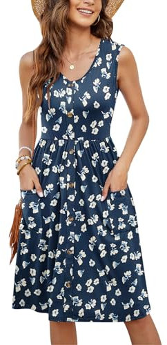 Molerani Summer Dress for Women - Ladies' V-Neck Beach Swing Button Midi Sundress with Pockets - Floral Navy XL