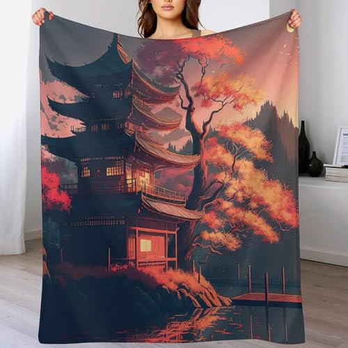 AAPZY Japanese Tempel Decke,Vier Jahreszeiten Weich Wohndecke Decke Schlafdecke Sofadecke Plüschdecke Pelzdecke Printdesign Couchdecke Flannel Bett Decke 50x70
