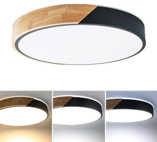 Alpinaluz Plafón LED Circular 40cm en Madera Natural y Metal Negro – 30W, 3000lm, Luz CCT Ajustable (3000K/4000K/6000K), Diseño Moderno Nórdico para Salón, Dormitorio
