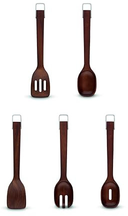 Sur La Table, Set of 5 Wooden Utensils, Solid Turner/Solid Spoon/Slotted Turner/Slotted Spoon/Salad Fork, Easy to Clean