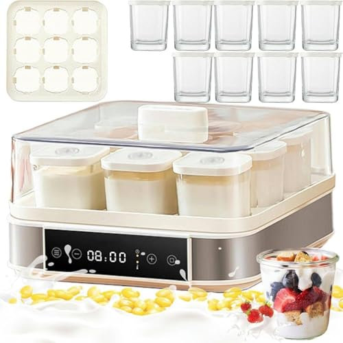 YLANMEI Yogurtiera Elettrica, Macchina per Yogurt con 9 Barattoli in Vetro da 170ml, Yogurtiera Pratica e Compatta, con Timer, Termostato Regolabile e Display LED, 40 W, per Dolci Sani Fatti in Casa