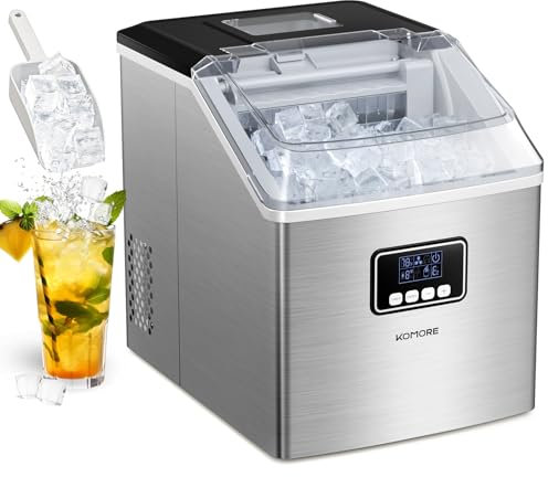 KOMORE Ice Maker Machine, Stainless Steel Ice Cube Maker 20kg/Day, 24 Pcs Ready in 13 Mins, Self-Cleaning Ice Machine with Ice Scoop & Basket, LED Display, 24H-Timer, Portable for Home/Office/Bar