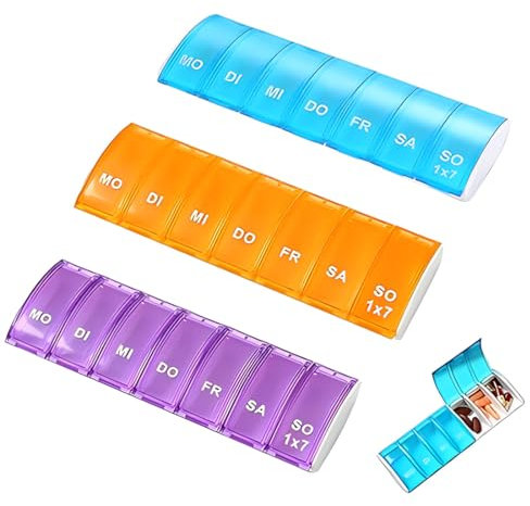 LAJUP 3 Stück Tablettenbox 7 Tage, Wiederverwendbar Pillendose Klein Pillendose Große Fächer Handlicher Und Feuchtigkeitsbeständiger Medikamentendosierer Für Morgens Abends 7 Fächer