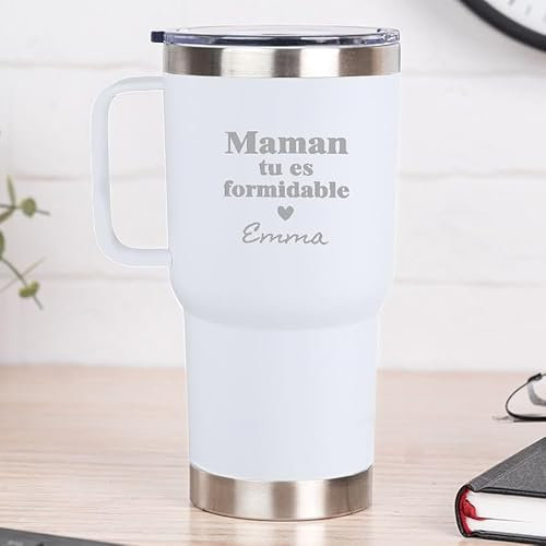Wanapix | Mug Thermique Double Couche Personnalisé | Capacité 600 ml | Couleur Banc | Conserve le Froid et le Chaud pendant des Heures | Gravé avec Nom | Cadeau Fête des Mères | Maman tu es formidable
