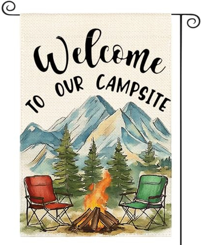 Willkommen Auf Unserem Campingplatz Mit Lagerfeuerstelle! Gartenflaggen Robuste Gartenflagge Wetterbeständige Fahne Für Garten Heimdekoration Urlaub 30X45Cm