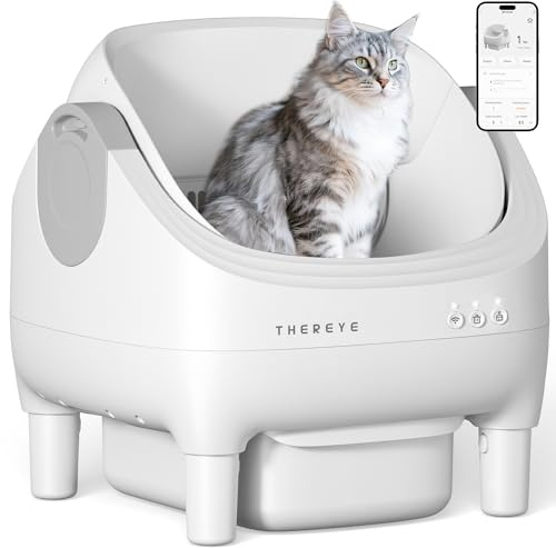 Thereye Bandeja de arena para gatos autolimpiable, diseño abierto, gran capacidad, incluye aplicación para una limpieza rápida y fácil, ideal para hogares con varios gatos (gris)