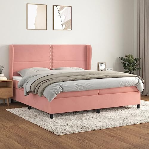 QJBSAVVA Lit à sommier tapissier rose, 200 x 200 cm, lit double, en velours, réglable en hauteur, matelas à ressorts ensachés, surmatelas 203 x 203 x 118/128 cm, mi-ferme