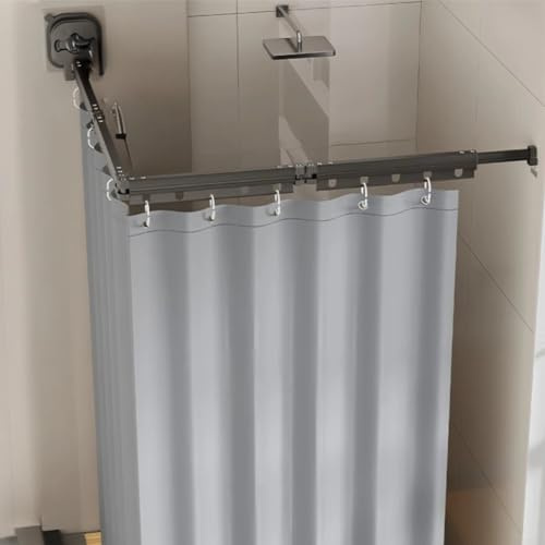 Zeroupshop Tringle à rideau de douche pliable à ventouse avec anneaux, barre de tension réglable sur 4 positions en alliage d'aluminium pour installation d'angle ou droite sans perçage, économise de