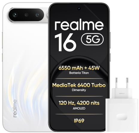 realme 16 5G Smartphone,8+256 GB,Batería Titan 6550mAh, Carga rápida 45W, Cámara Sony 50MP Dual, Pantalla AMOLED 4200nits, IP69, Teléfono Móvil con IA para Retratos, NFC, eSIM, Blanco