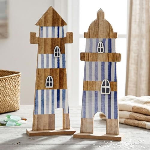 levandeo 2er Set Deko Aufsteller Leuchtturm H31cm Blau Weiß Natur Maritime Deko Tischdeko Nautik Meerliebe