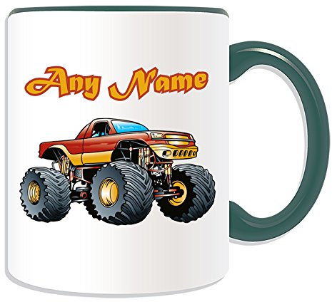 Personalised Gift - Red Monster Truck Mug (Transport Design Theme, Colour Options) - Any Name / Message on Your Unique - Car Large Wheels Race Crush Freestyle Competition Vehicle Automobile Driver