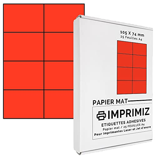 200 Selbstklebende Etiketten rot Neon von 105 x 74 mm - 8 Etiketten/Blatt - 25 Blatt A4 / Papier matt - Farbe - Für Inkjet/Laser/Kopier Drucker - Etiketten farbig
