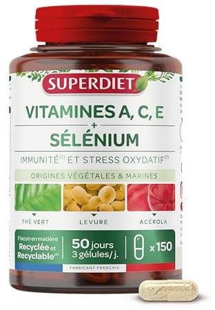 SUPERDIET - VITAMINE A,C,E ET SÉLÉNIUM – Immunité et Stress oxydatif – Nutrithérapie – Fabrication Française – 150 gélules