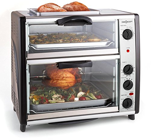 OneConcept All-You-Can-Eat Double Four avec grille (Capacité 42 L, gril dans la partie supérieure, température réglable, pique rotatif, acier inoxydable) argent