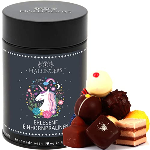 Hallingers Einhornpralinen - Manufaktur Pralinen Geschenk handmade teils mit Alkohol aus Edelkakao Schokolade (Dose) - Geschenk im Sommer & als perfektes Grillgeschenk | Geburtstag Glückwunsch Danke J