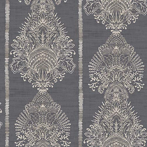 Arthouse Silk Road Charcoal Grey Wallpaper - Damask Motif with Vertical Stripe - Deep Charcoal Grey with hints of Cream - Painted Fabric Effect with Fine Embossed Textured Finish - 610606